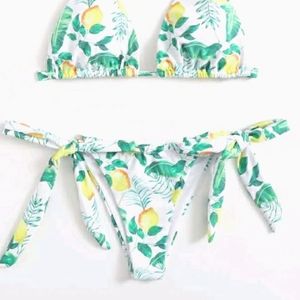 XL Lemon Print Tie Side Bikini Bottoms Shein